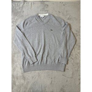 Lacoste Men’s V-Neck Sweater Gray Size XXL (7) Cotton Blend Pullover Logo Jumper